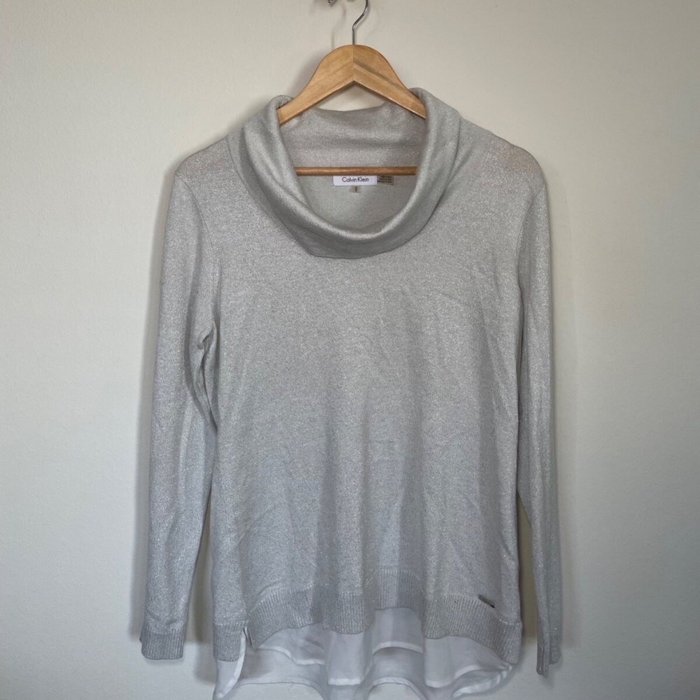 Calvin Klein Women’s Metallic Layered-Look Cowl Neck Sweater – Size Medium